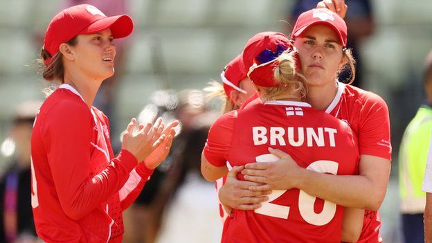 Katherine Brunt is hugged by her wife, the stand-in England captain Nat Sciver