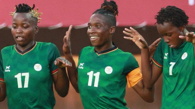 Zambia's forward Barbra Banda (C) celebrates her goal with teammates during the Tokyo 2020 Olympic Games women's group F first round football match between China and Zambia in July 24, 2021.