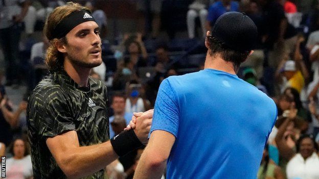 Stefanos Tsitsipas and Andy Murray shake hands after the US Open match