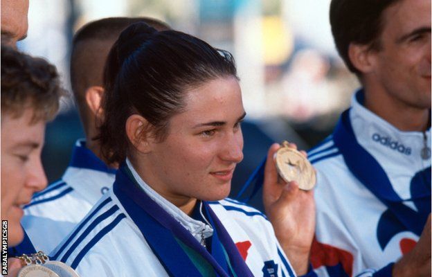 Sarah Bailey - as she then was - pictured with members of the Great Britain squad at the 1996 Paralympics in Atlanta, where. aged 18, she won three gold medals in swimming