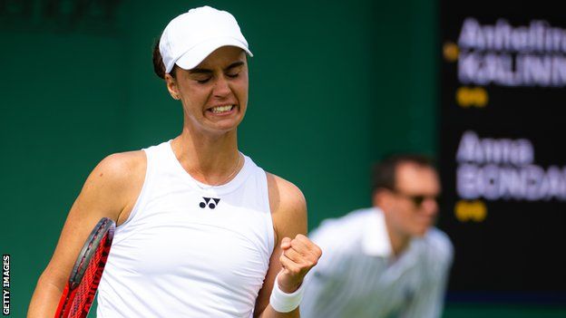 Anhelina Kalinina celebrates winning a point during her Wimbledon first-round match