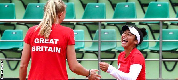 GB's Jocelyn Rae and Heather Watson take part in a training session