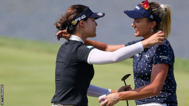 In Gee Chun and Lexi Thompson hug at the Women's PGA Championship in Maryland
