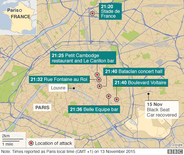 Map showing venues in Paris where Nov 13 attacks happened