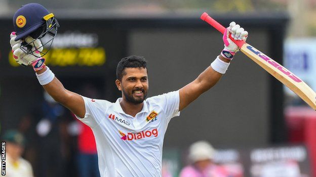 Sri Lanka batter Dinesh Chandimal celebrates reaching his double century against Australia