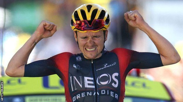 Tom Pidcock celebrates winning stage 12 of the 2022 Tour de France
