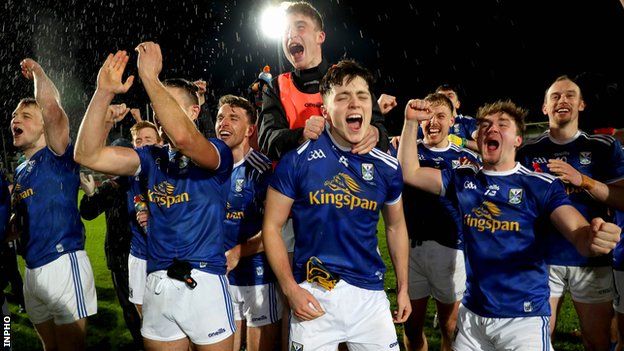 Cavan's players celebrates after their shock triumph over Donegal