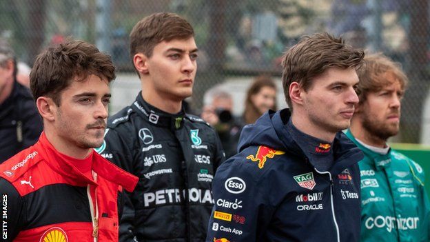 Charles Leclerc, George Russell and Max Verstappen