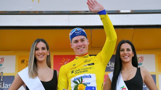 Fabio Jakobsen celebrates victory in the opening stage of the Volta ao Algarve in February