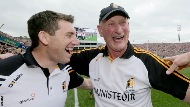 Derek Lyng and Brian Cody celebrate Kilkenny's victory over Galway in the 2015 All-Ireland SHC final