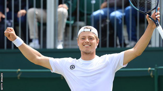 Tim van Rijthoven celebrates winning in the Wimbledon third round