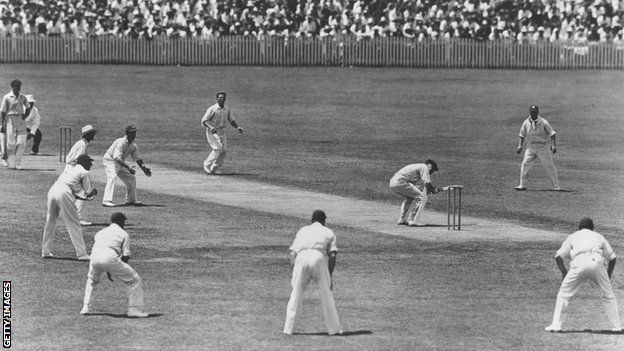 England's Harold Larwood bowls during the 1932-33 Ashes