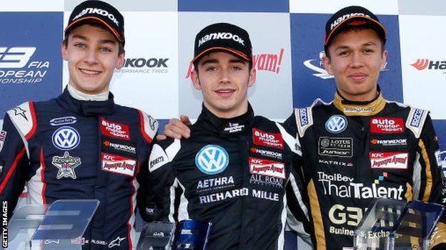 George Russell, Charles Leclerc and Alex Albon on the podium