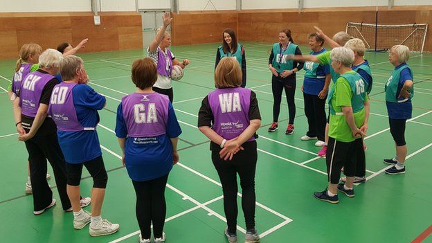 Walking netball training session, Stockport, Greater Manchester