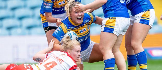 Zoe Hornby celebrates her try against St Helens