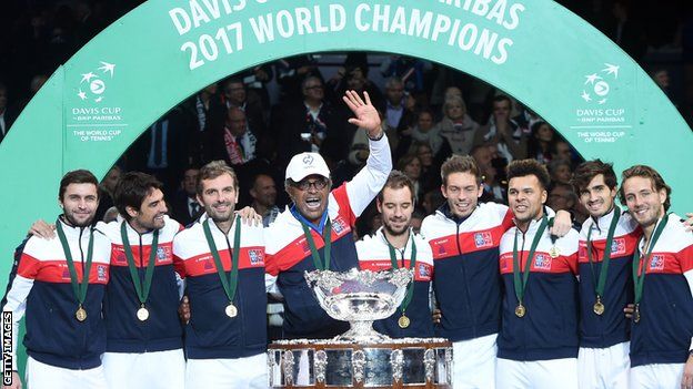 France players celebrate with the Davis Cup trophy after winning the 2017 title