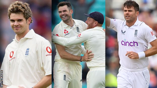 James Anderson celebrates his first Test wicket (left), the wicket that made him the most successful pace bowler in Test history (middle) and his last Test wicket (right)