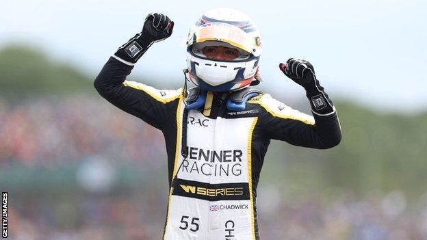 Jamie Chadwick celebrates winning the W Series race in France