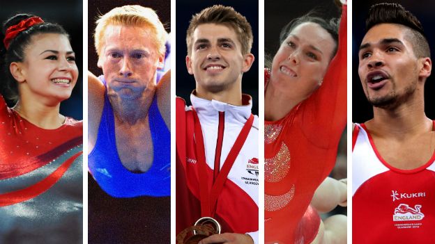 From left to right: British gymnasts Claudia Fragapane, Craig Heap, Max Whitlock, Beth Tweddle and Louis Smith