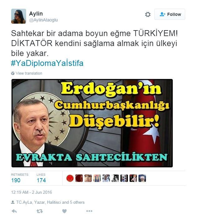 Tweet asking where Erdogan's degree is
