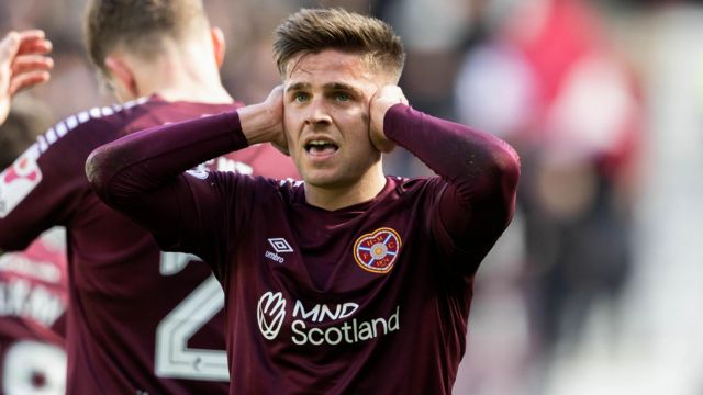 Hearts' Cammy Devlin celebrates scoring to make it 3-2 during a cinch Premiership match between Heart of Midlothian and Livingston at Tynecastle Park