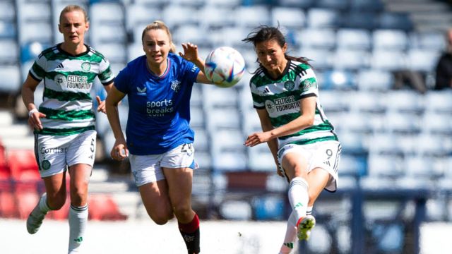 Celtic's Shen Mengyu and Rangers Olivia McLoughlin in action during a Scottish Gas Women's Scottish Cup Semi-Final match between Rangers and Celtic at Hampden Park