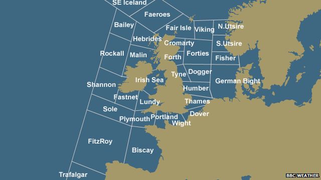 A map of the British Isles with the Shipping Forecast names