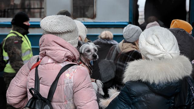 Украинска с собакой на руках, на вокзале Пшемысля в Польше, 5 марта, 2022 года