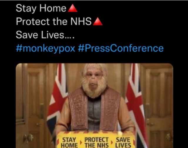 a tweet reading "stay home, protect the NHS, save lives #monkeypox #PressConference" with a picture of a monkey standing at the government's announcement podium