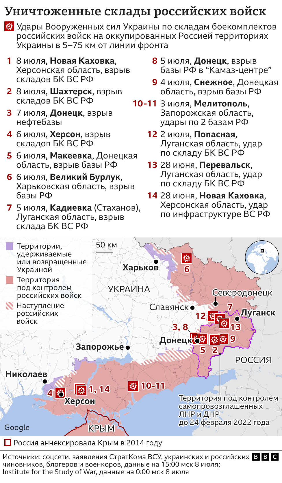 Карта уничтоженных складов российских войск