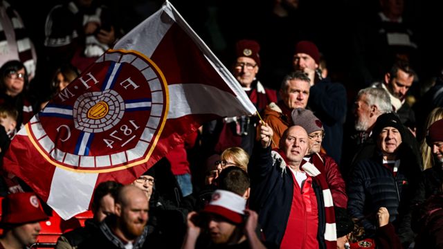 Hearts fans during a League Cup semi-final match between Heart of Midlothian and Rangers at Hampden Park, on November 05, 2023, in Glasgow, Scotland.