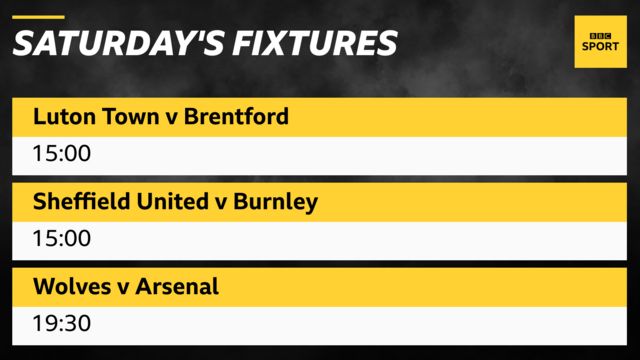 Saturday's Premier League fixtures: Luton v Brentford, Sheffield United v Burnley (both 15:00), Wolves v Arsenal (19:30)