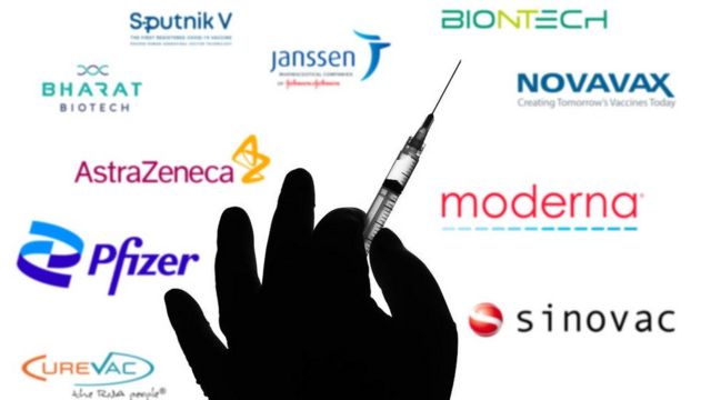 рука со шприцем на фоне логотипов вакцин от ковида