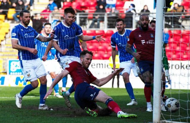 Kilmarnock's Marley Watkins scores to make it 2-0 during a cinch Premiership match between St Johnstone and Kilmarnock at McDiarmid Park, on April 13, 2024, in Perth, Scotland.
