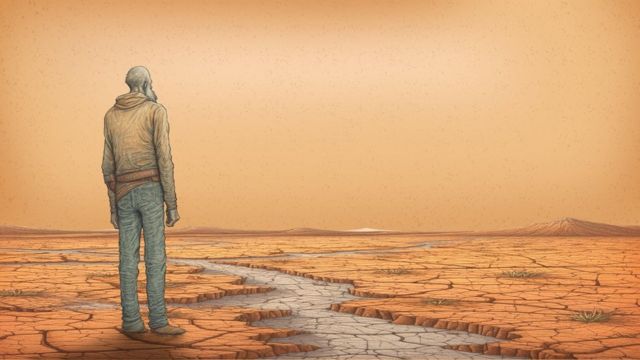 Акварель и карандаш - одинокий мужчина стоит посреди потрескавшейся пустынной равнины