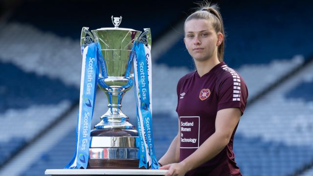 Hearts winger Monica Forsyth posing with Scottish cup trophy
