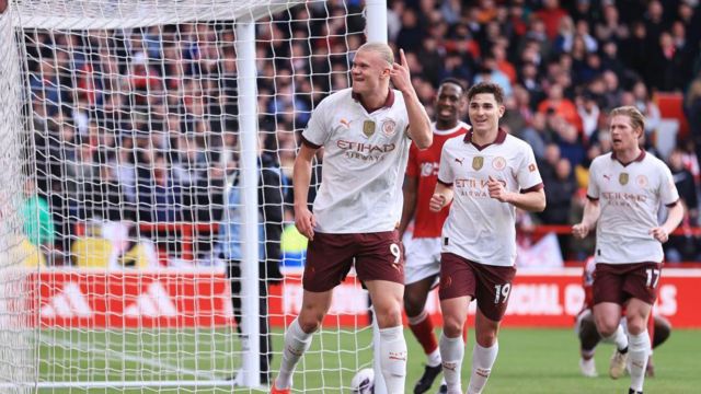 Erling Haaland of Manchester City celebrates after scoring their 2nd goal during the Premier League match between Nottingham Forest and Manchester City 