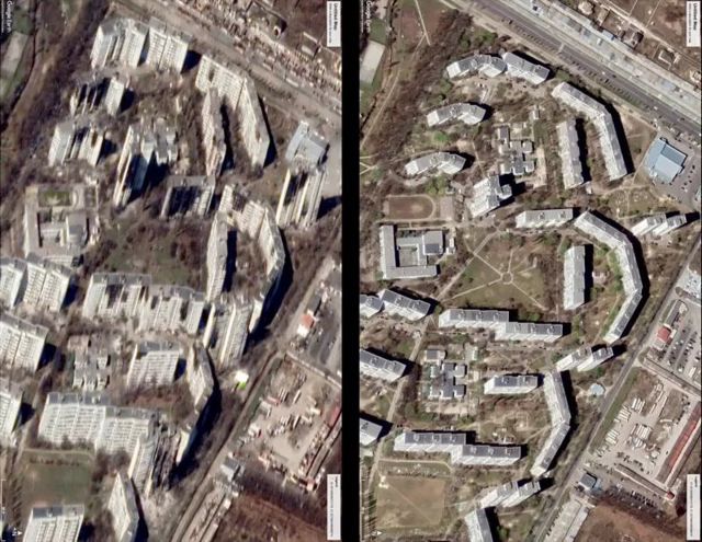 Две спутниковые фотографии с домами разрушенными и целыми