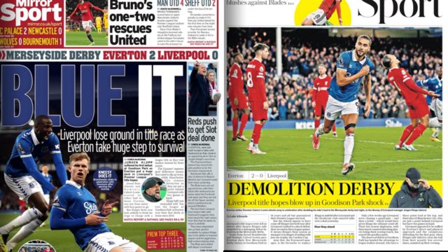 The Mirror backpage with a headline 'Blue It' and The Telegraph sport page with a headline of 'Demolition Derby'