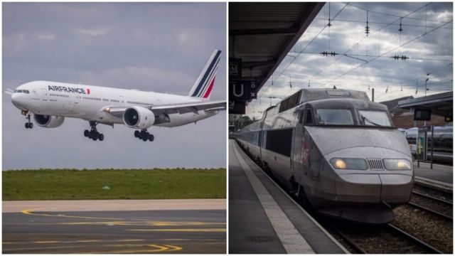 A composite image showing an Air France Boeing 777 and a high-speed TGV train