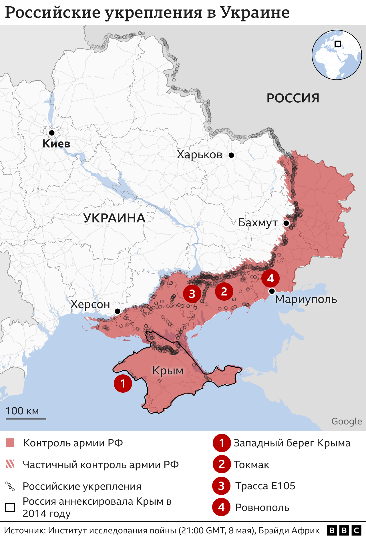 Карта, показывающая контролируемые Россией районы Украины с густой сетью траншей, отмеченных вдоль линии фронта и в глубине юга Украины.