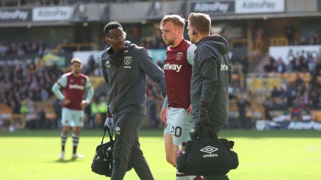 West Ham United's Jarrod Bowen is forced off with an injury during the Premier League match between Wolverhampton Wanderers and West Ham United