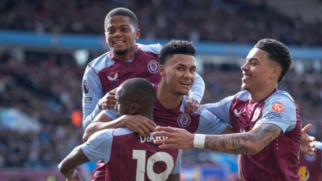 Moussa Diaby of Aston Villa celebrates scoring his team's second goal with team mates Leon Bailey, Ollie Watkins and Morgan Rogers during the Premier League match between Aston Villa and AFC Bournemouth at Villa Park