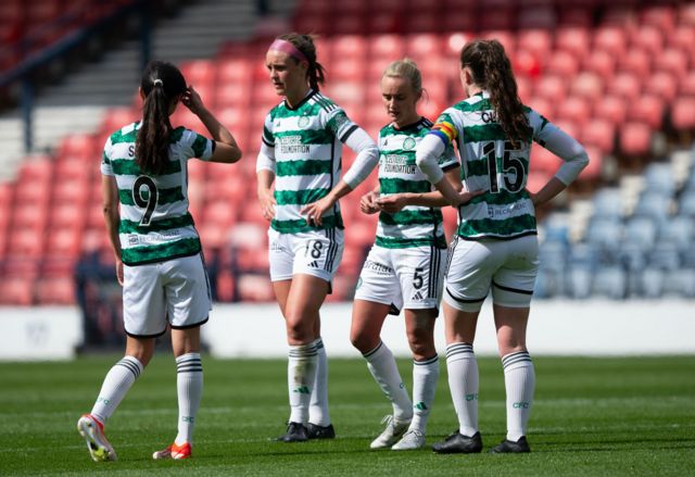 Celtic's Caitlin Hayes, Natalie Ross and Kelly Clark  during a Scottish Gas Women's Scottish Cup Semi-Final match between Rangers and Celtic at Hampden Park