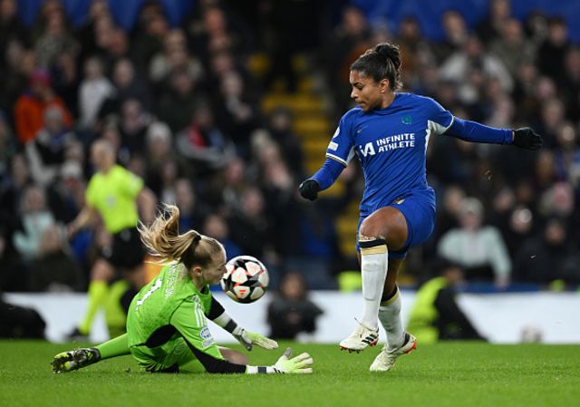 Regina Van Eijk of Ajax saves the shot of Catarina Macario