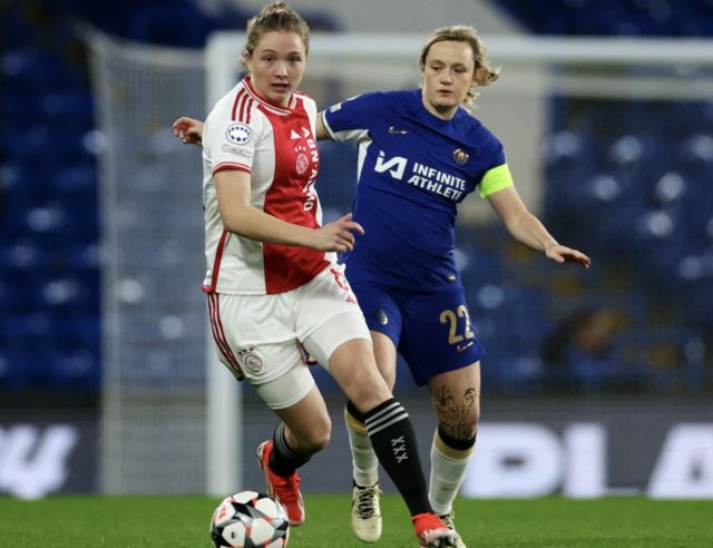 Ajax Amsterdam's Jonna Van De Velde in action with Chelsea's Erin Cuthbert