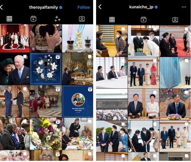 The British Royal family and the Japanese royal family's instagram pages