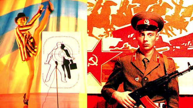 Советский солдат и танцующая женщина на конкурсе телохранителей