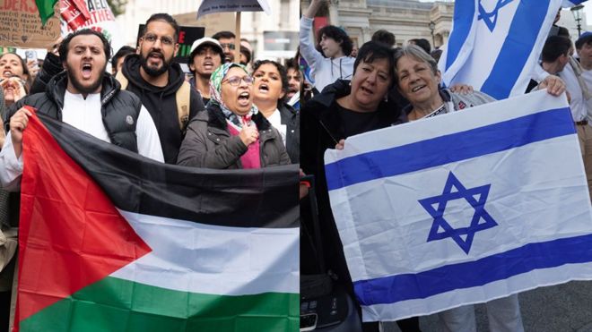 Коллаж, два флага израильский и палестинский