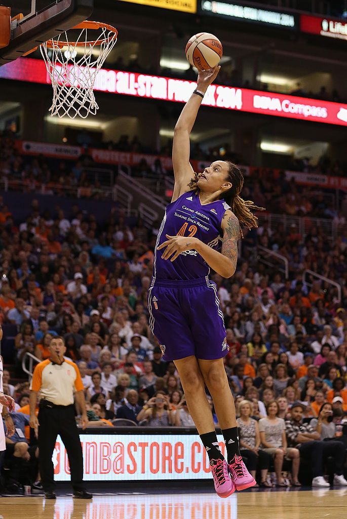 Western Conference All-Star Brittney Griner #42 of the Phoenix Mercury attempts a slam dunk against the Eastern Conference during the first half of the WNBA All-Star Game at US Airways Center on July 19, 2014 in Phoenix, Arizona